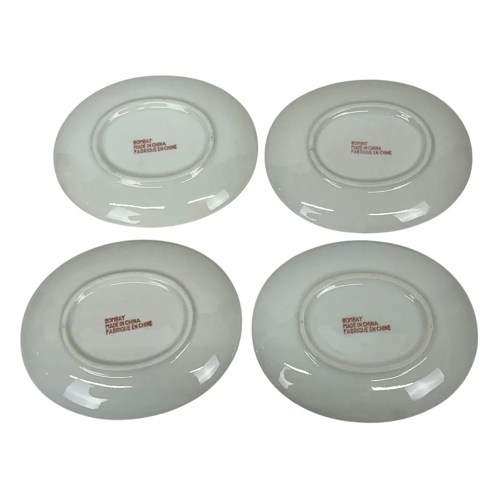 Bombay Four Mountains Blue White Porcelain Teacups Saucers Asian Landscape Set 4